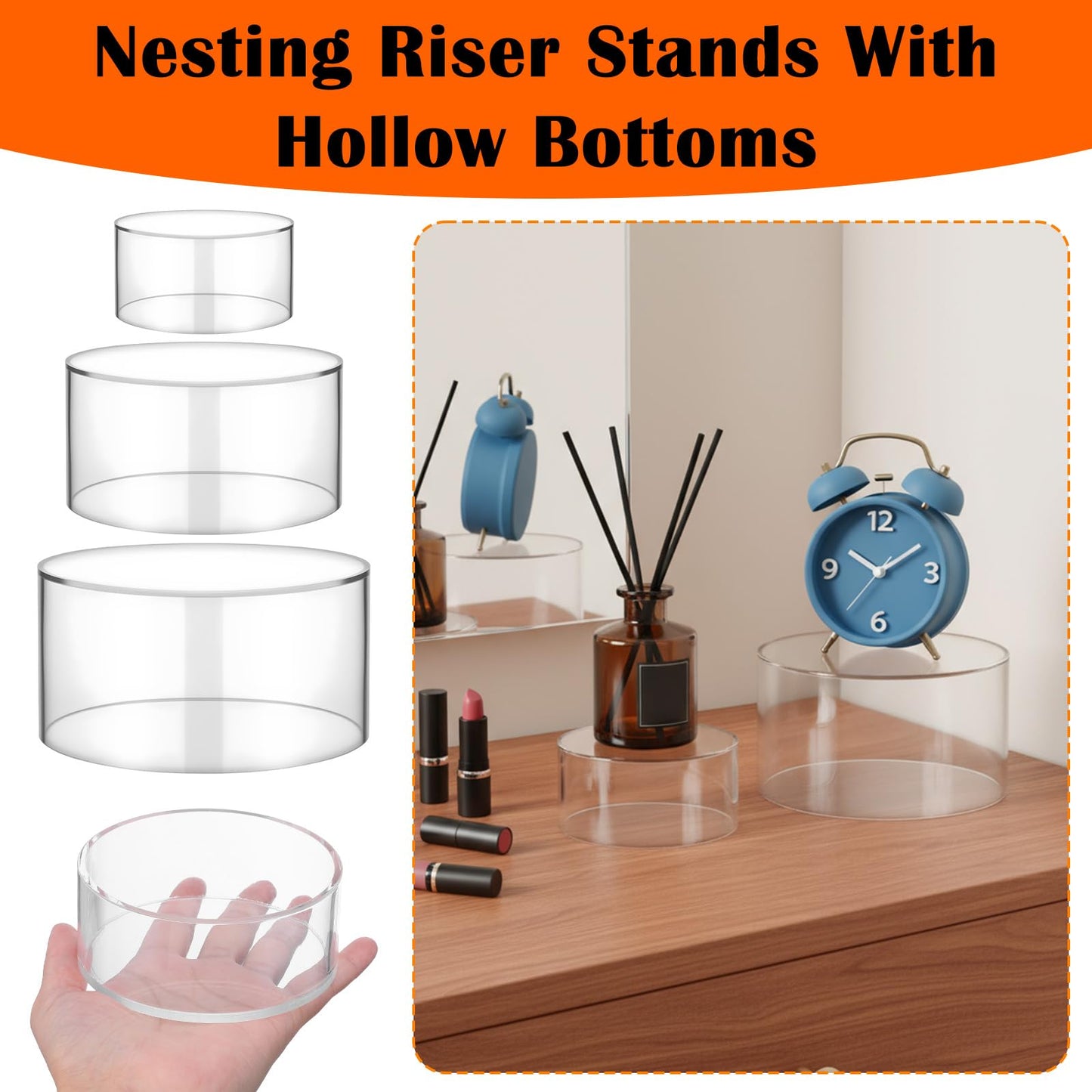 Xaajooio 6 Pcs Acrylic Display Risers, Clear Round Nesting Pedestal Stands with Hollow Bottom, 3 Sizes 5.91'' 5.12'' 3.54'' for Jewelry Dessert Buffet and Party Display