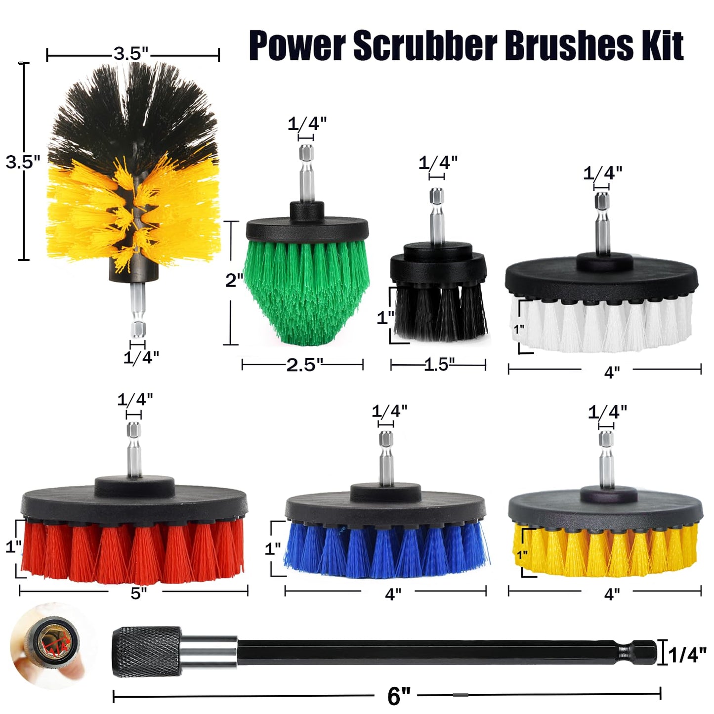 8 Pack Drill Brush Attachment Set,1/4in Power Scrubber Brush + Extend Long Attachment,Multi-Purpose Brush Drill Attachment, Power Cleaning Scrub Brush for Bathroom, Tub, Tile, Corner