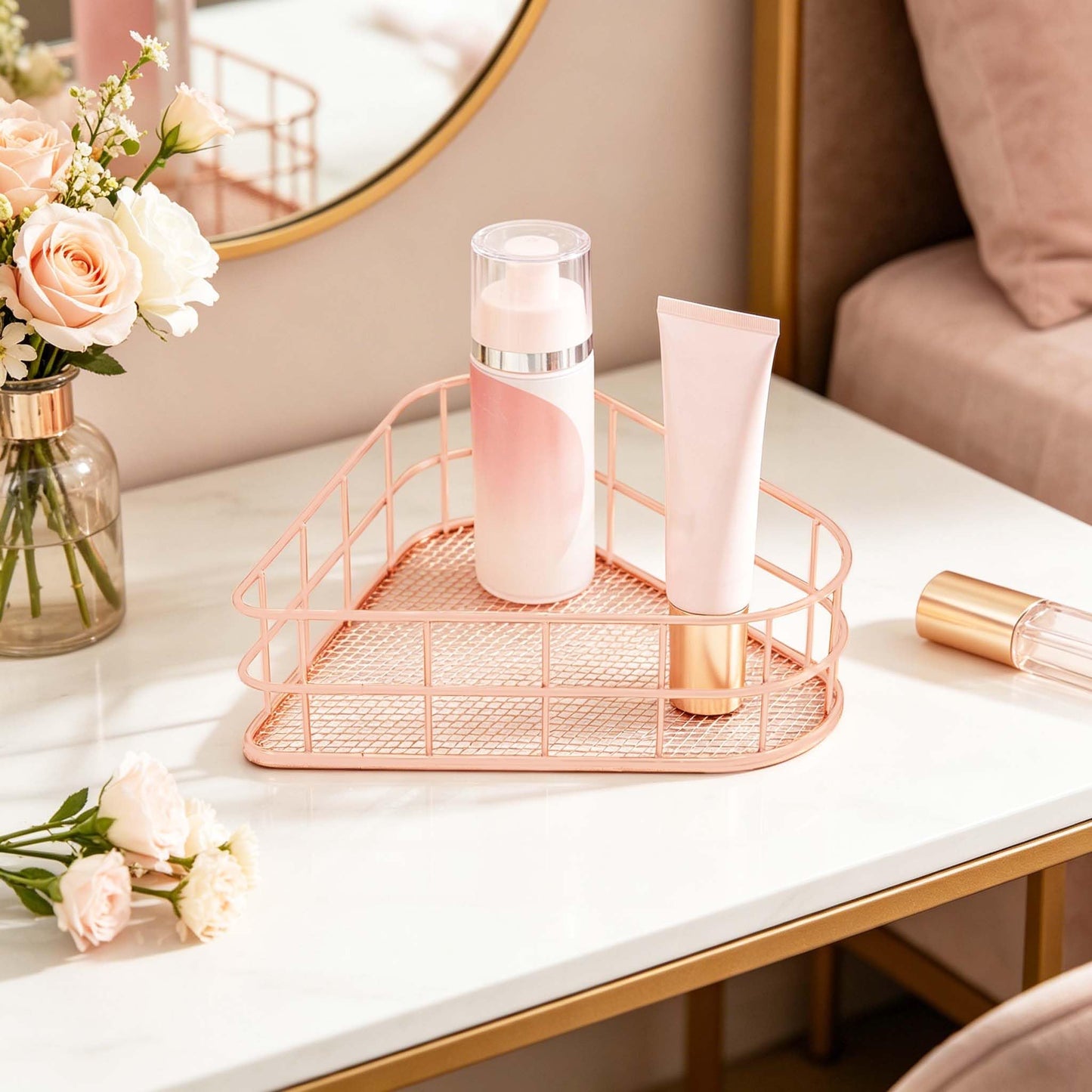 SHIDOW Heart-Shaped Mesh Basket Rose Gold Plated Makeup Desk Holder 1-Pack