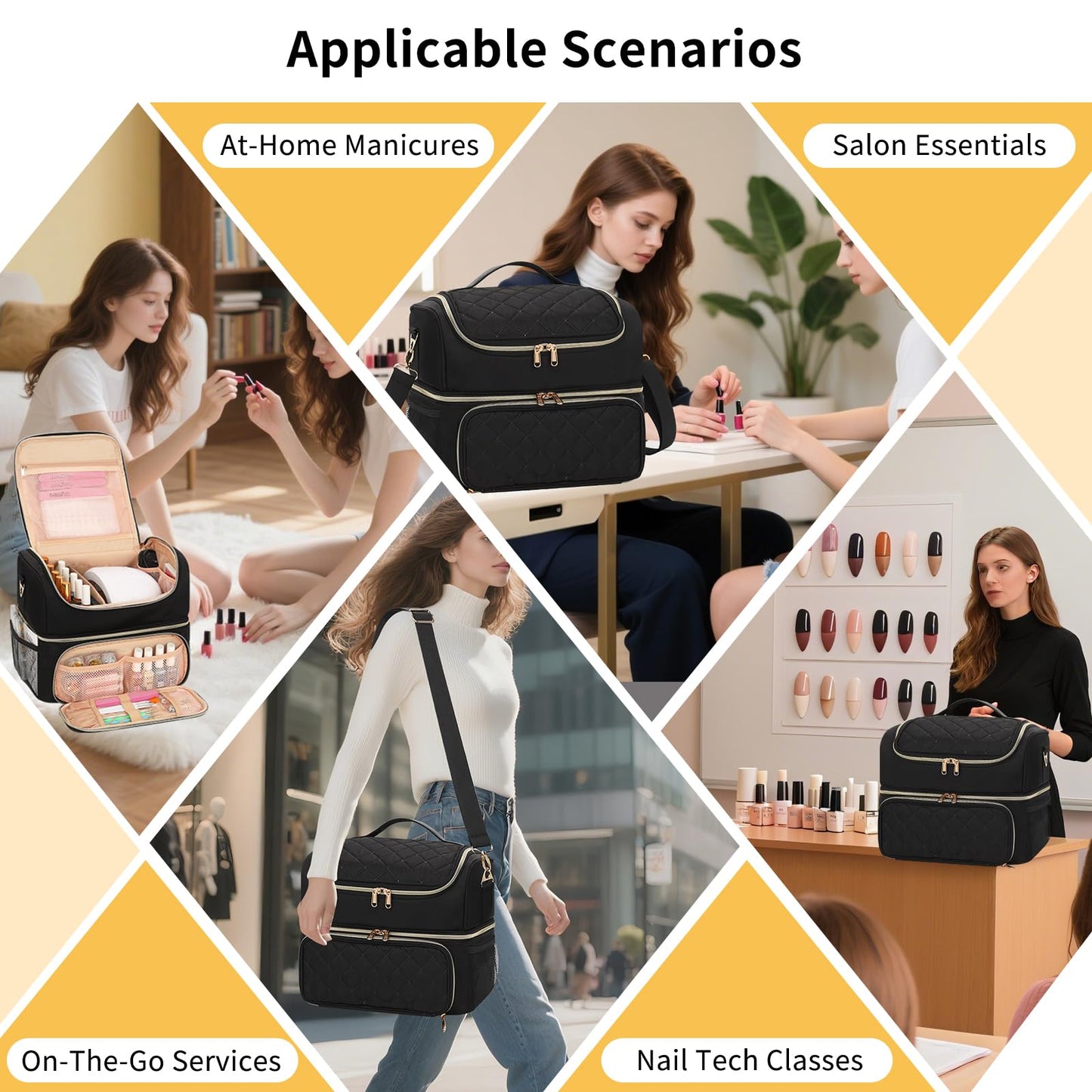 CUBETASTIC Nail Polish Organizer & Storage Bag for 48 Bottles & Full-Size Lamp, Double-Layer Travel Case Box for Nail Supplies, Manicure Kit & Pedicure Tools (Black, 48 Slots)