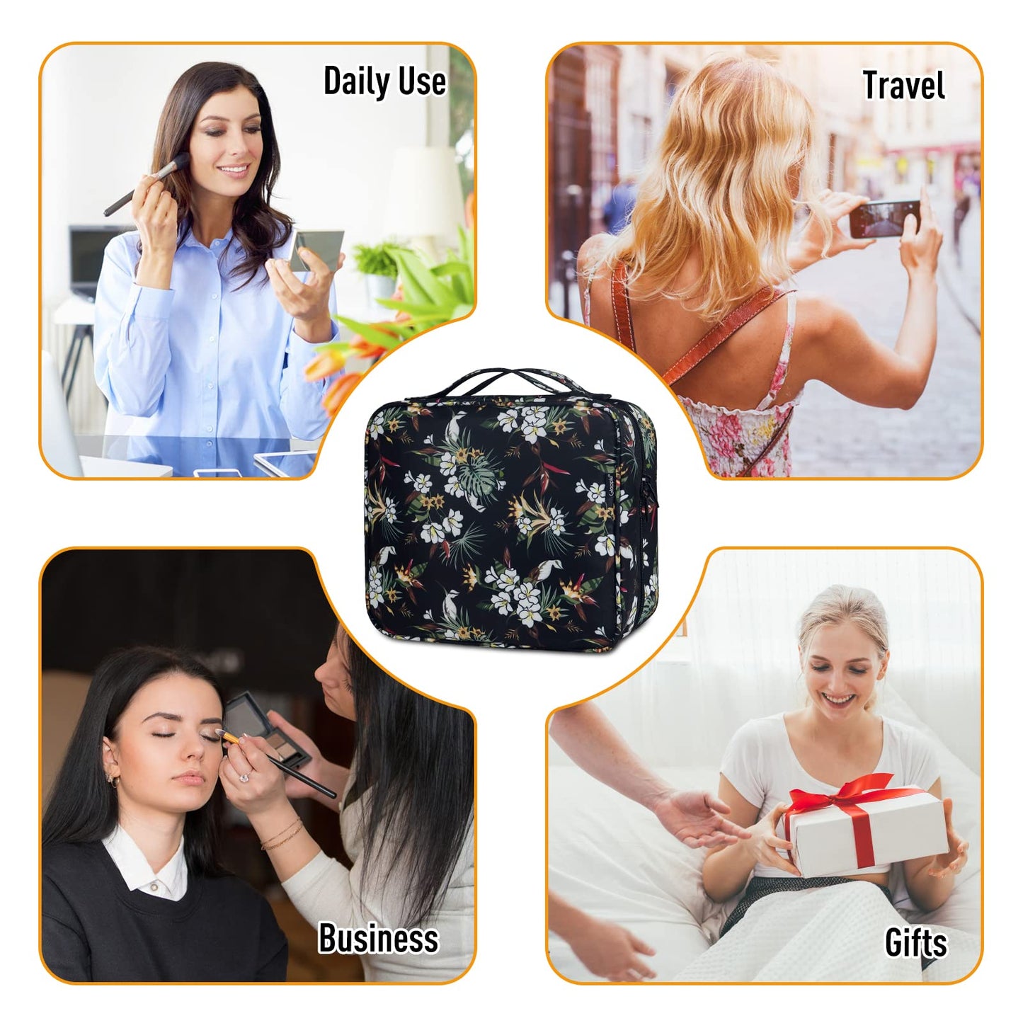 Gloppie Travel Toiletry Bag for Women Makeup Bag Big Cosmetic Bag Make Up Case Organizer for Beauty & Skincare Care Accessories White Flower