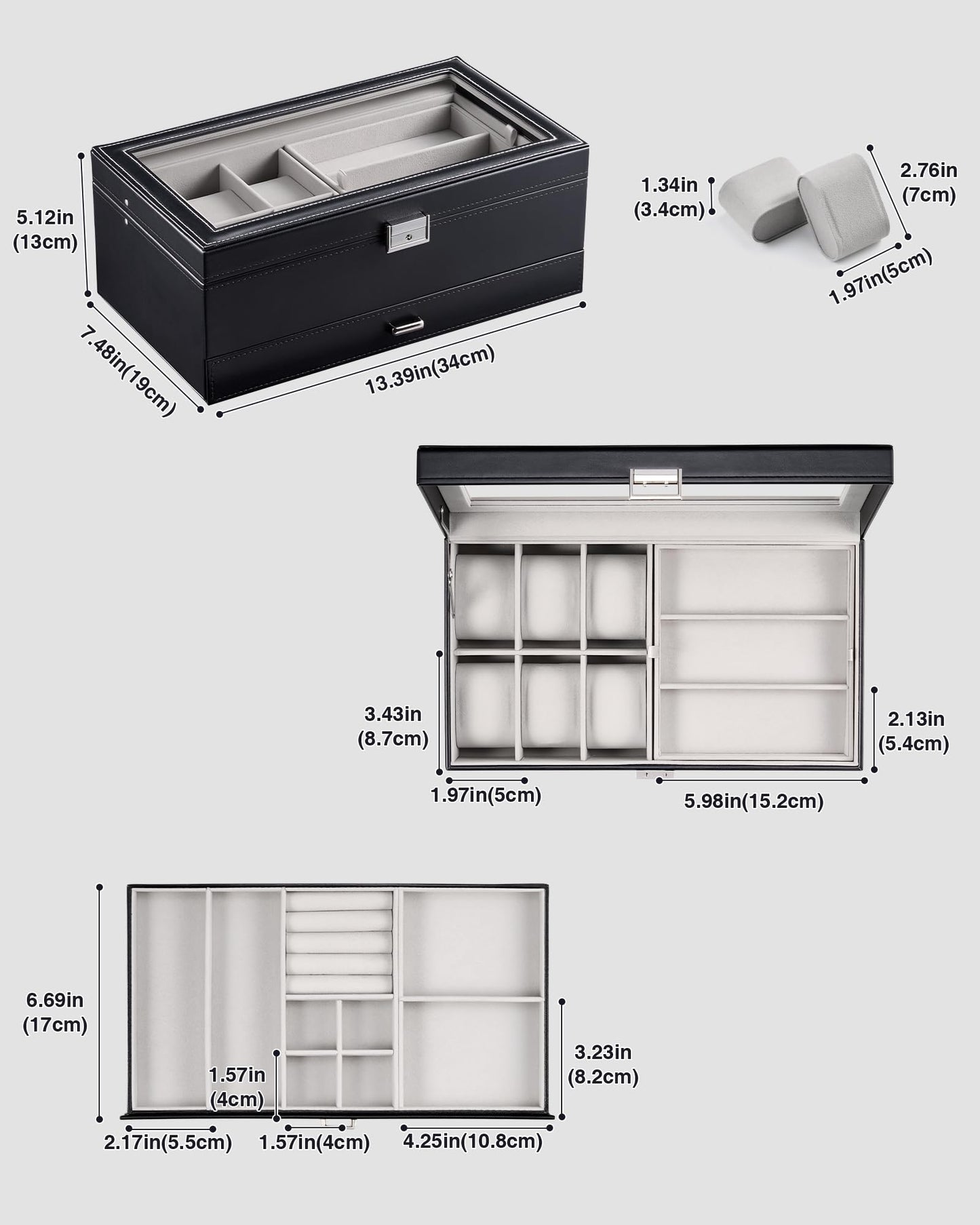 ProCase Mens Jewelry Box, Lockable 6 Slot Watch Case & 3 Slot Sunglasses Organizer, 2-layer Mens Jewelry Organizer Watch Box for Men, Watches Holder Display Storage, Fathers Day Gift -Black