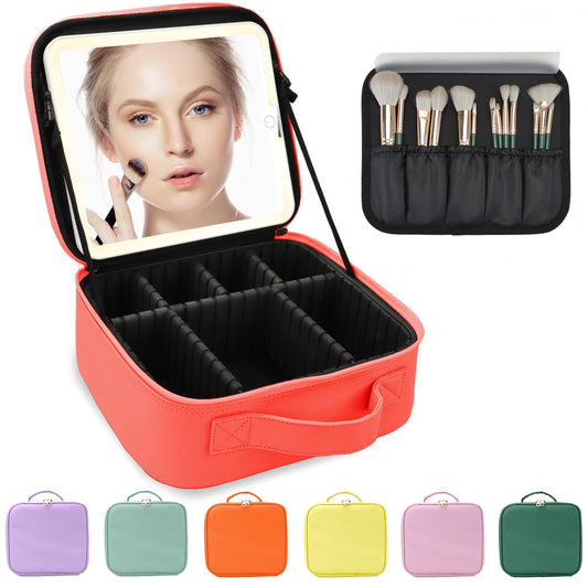 MORMID Makeup Bag with Led Mirror,Large Vanity Makeup Cases with 3 Color Setting,Portable Storage and Adjustable Dividers,for Women and Makeup Artists Cosmetic Organizer Travel Makeup Bag-Red