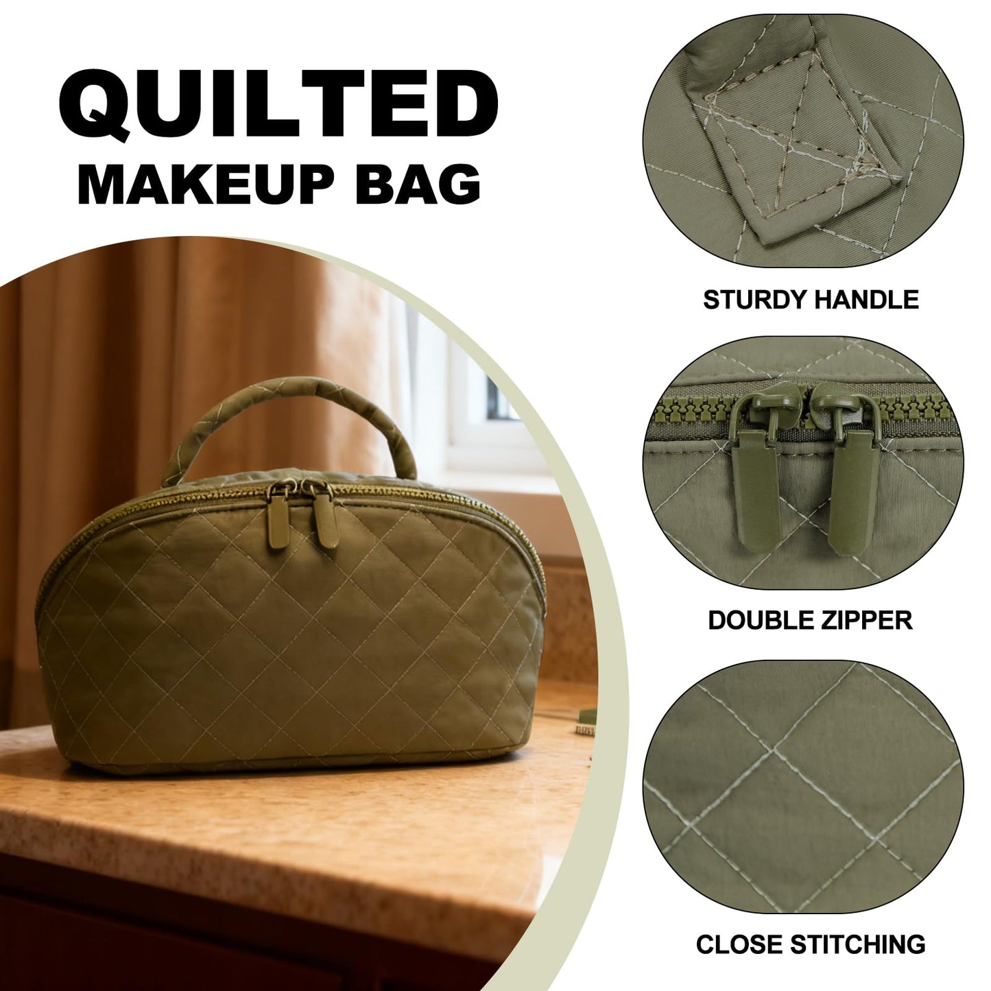 Makeup Bag,Quilted Puffer Cosmetic Bag for Women, 180° Lay-Flat Travel Make up Bag, Waterproof Large Capacity Toiletry Bag with Sturdy Zippers, Portable Makeup Organizer for Travel & Daily Use