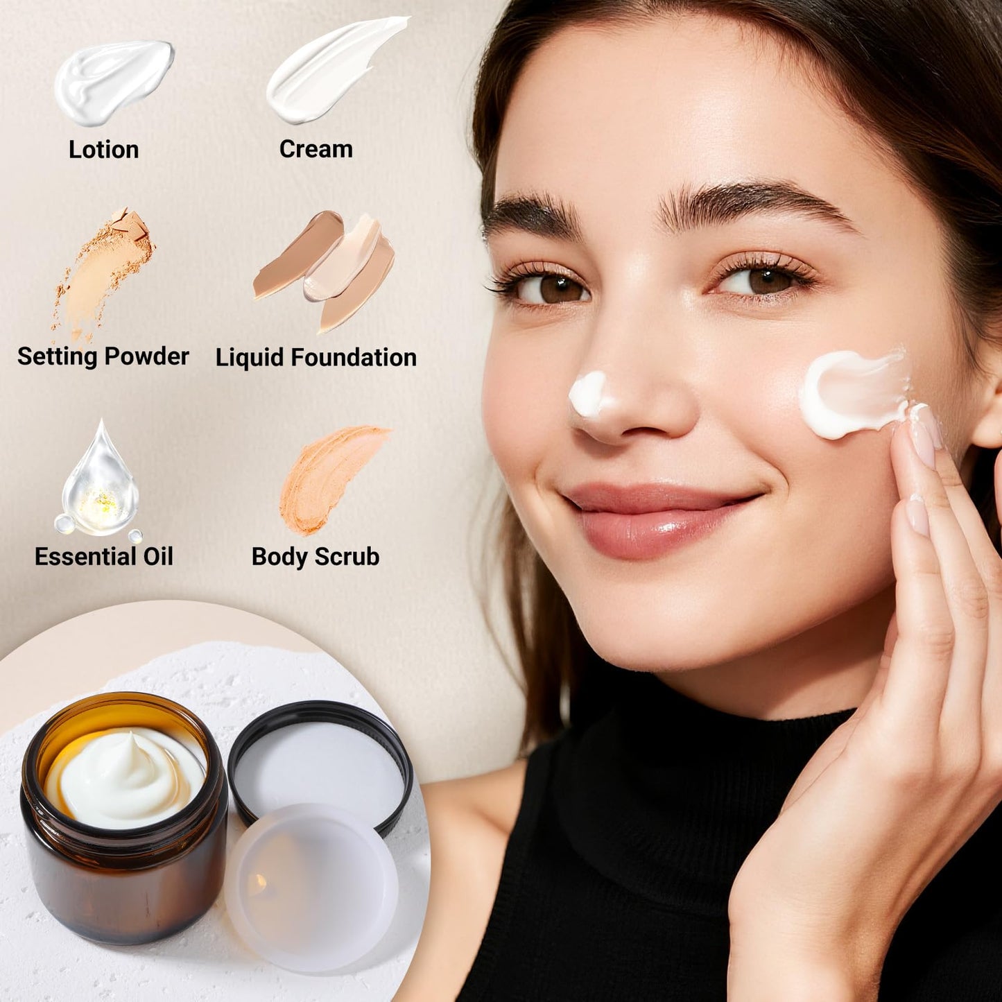 Segbeauty 2oz Amber Glass Jars with Black Lids, 4 Pack 60ml Thick Empty Round Glass Jars with Inner Liner for Cosmetics, Travel Size Containers for Toiletries, Refillable Sample Bottles for Lotion
