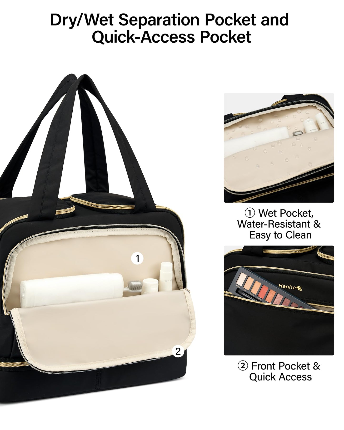 Hanke Travel Toiletry Bag, Lightweight Wide-open Large Toiletry Bags for Women, Dual-Layer Makeup Bag Water-Resistant Cosmetic Travel Bag with Handle for Accessories, Essentials, Black