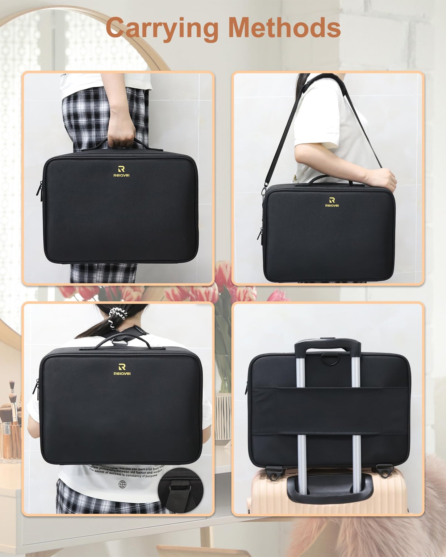 Relavel Large Makeup Bag with 3 Removable Pouches, Travel Train Case Cosmetic Organizer Carrying Box for Makeup Artists Hairstylist with Adjustable Dividers, Brush Holder and Shoulder Strap, Black