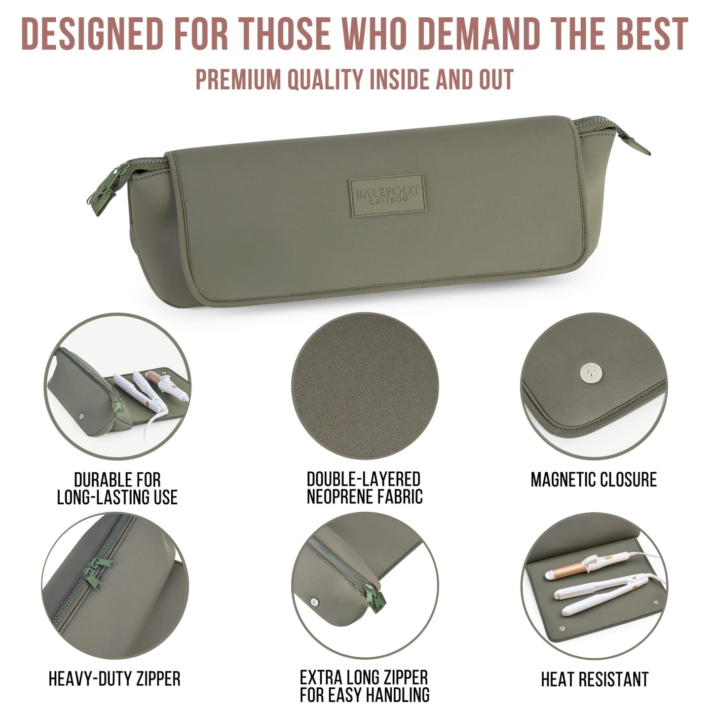 BAREFOOT CARIBOU Hair Tools Travel Bag and Heat Resistant Mat (15.5") for Flat Irons, Straighteners, Curling Iron, Haircare Accessories, 2-in-1 design, Interior Pockets, Portable Organizer (Olive)
