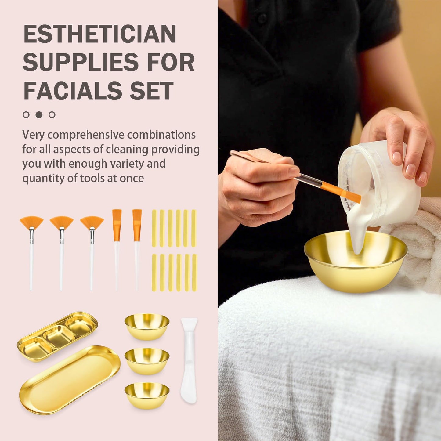 24 Pieces Facial Bowls and Brushes Set for Esthetician Supplies, Flat & Fan Brush for Facial with Mixing Bowls, Serving Tray, Spatula & Compressed Sponge, Face Applicator Tool (Gold, White and Yellow)