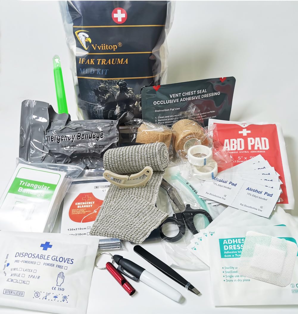 VVIITOP Trauma Refill Kit Med Pack IFAK First Aid | Vented Chest Seal | Israeli Bandage | ABD Pad | Self-Adhesive Bandages | Compressed Gauze | Bleeding Control Pack Feat Med Kits (Intermediate)