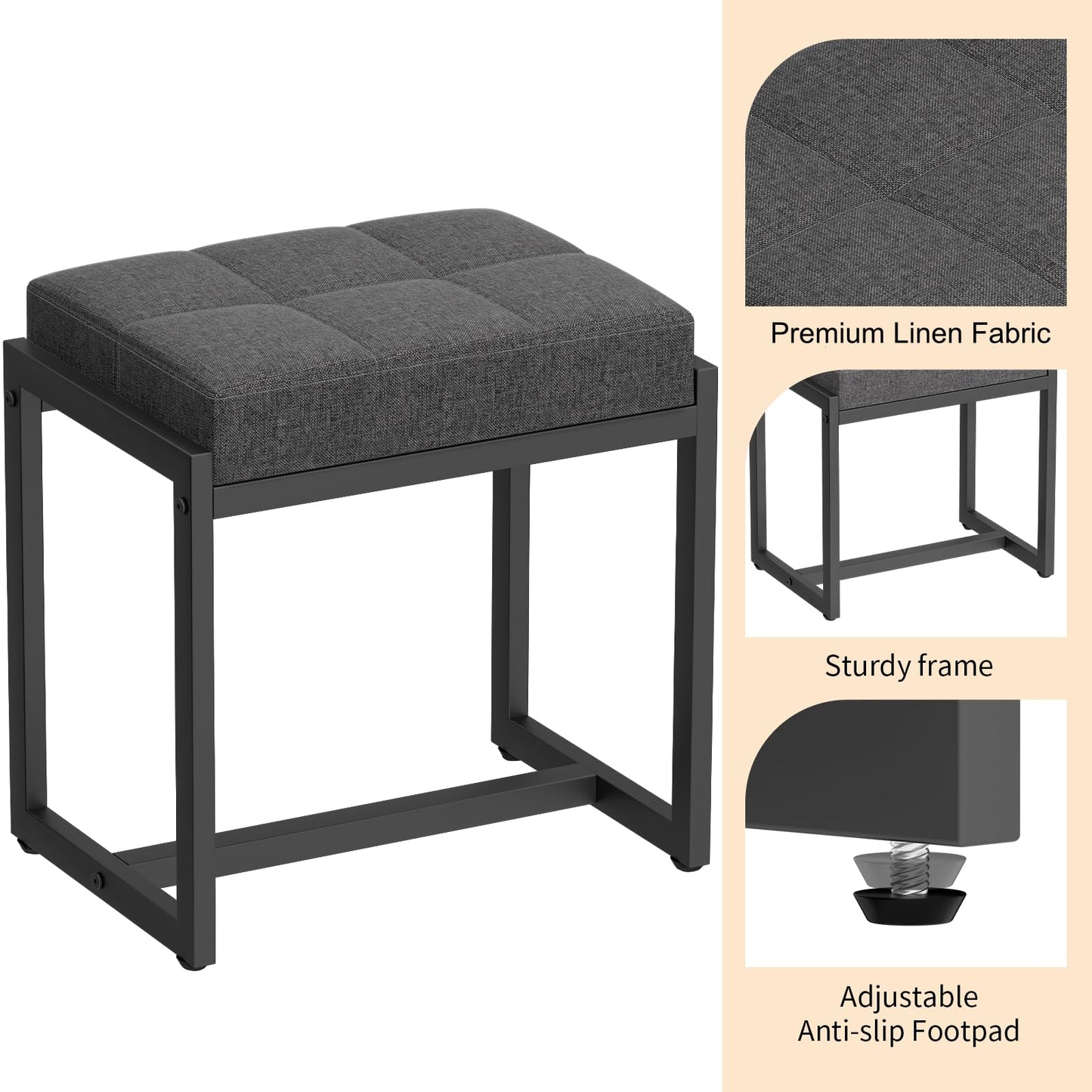 FLYZC Vanity Stool, Vanity Chair Stools for Makeup Room, Square Linen Makeup Stool for Vanity, Modern Padded Vanity Bench Small Ottoman Foot Rest Stool for Bedroom Living Room, Dark Grey & Black