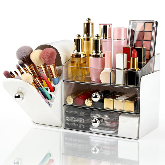 Makeup Organizer with Makeup Brush Holder, Vanity Organizer Large Cosmetic Display Cases, Skincare Organizers and Bathroom Countertop Organizer, Gifts for Women (White)