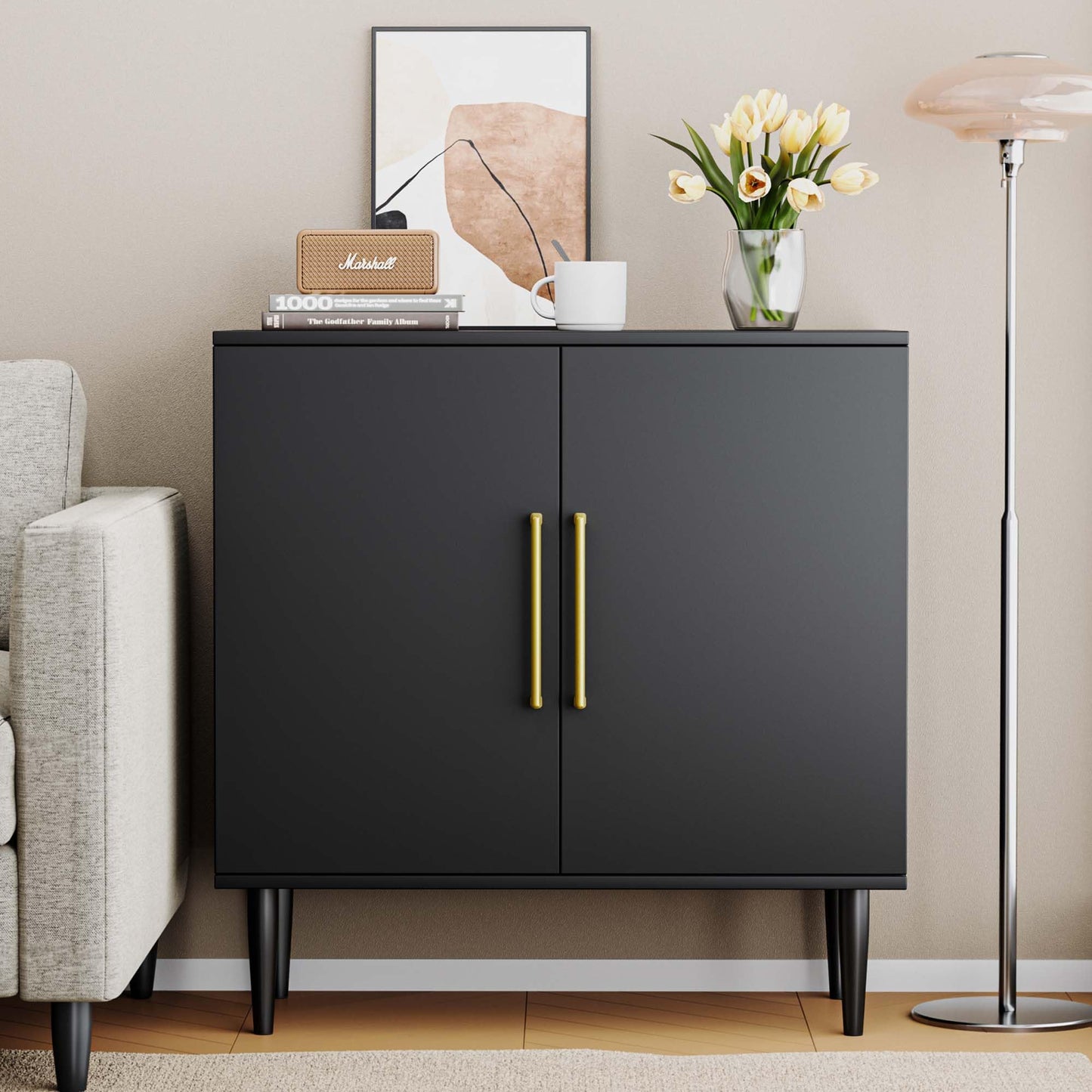 Fkhouse Black Buffet Cabinet, Free Standing Sideboard with Storage, Wood Accent Cabinet with Doors,Modern Credenza, Sideboard Storage Cabinet for Living Room, Dining Room(1, Black & Gold)