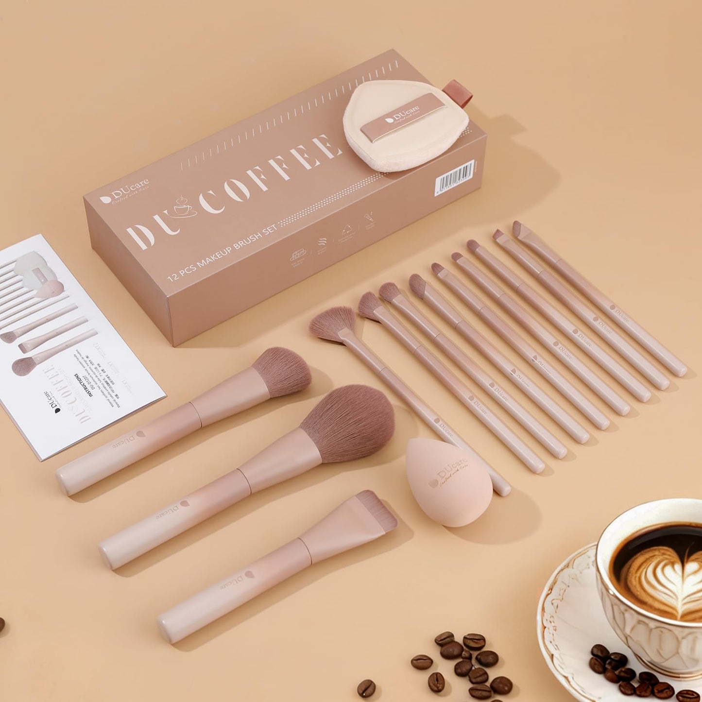 DUcare 14pcs Makeup Gift Set,12Pcs Coffee Series Makeup Brush set with 2pcs Makeup Sponges Foundation Blending Face Powder Blush Eye Shadows Brushes