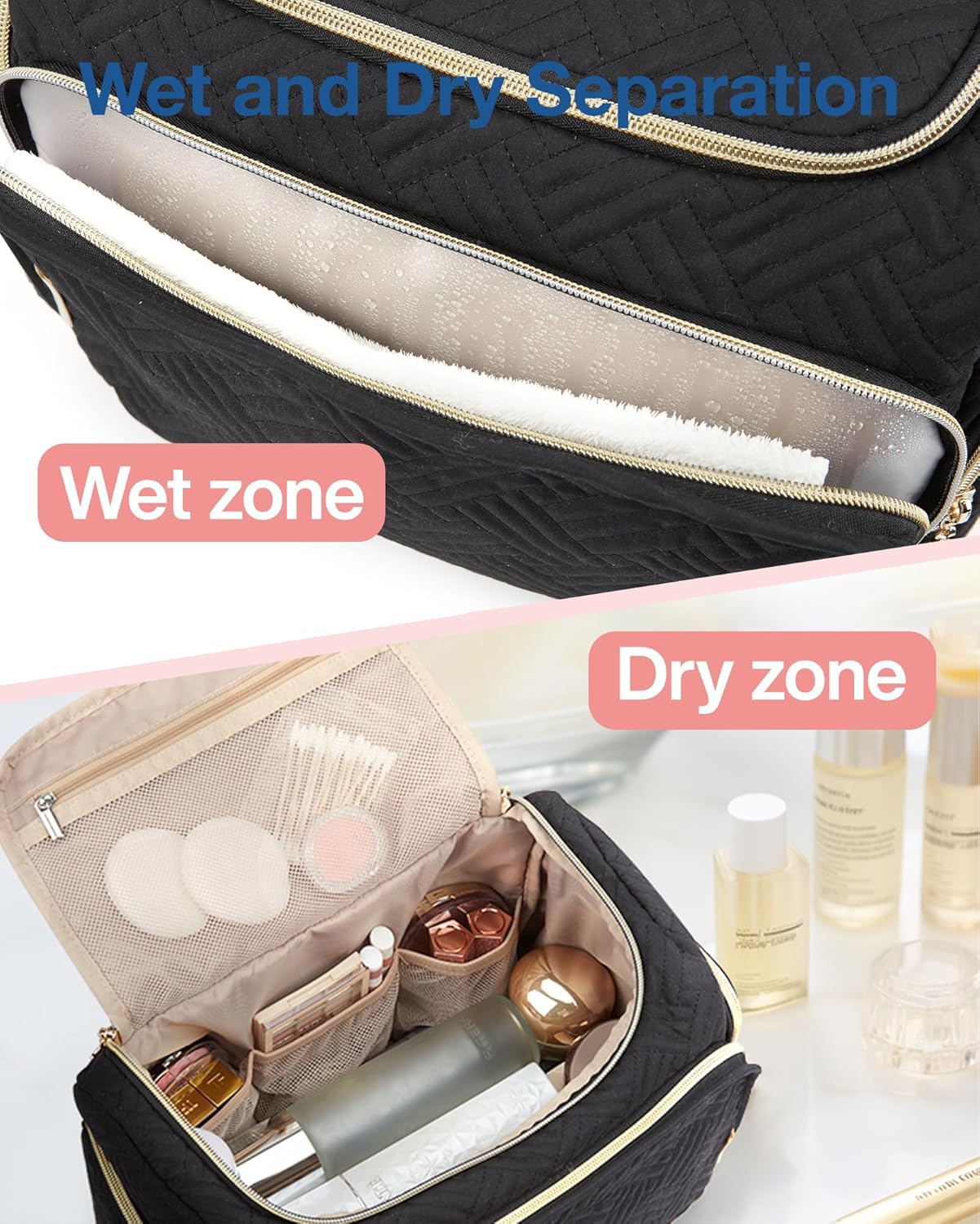 BAGSMART Travel Toiletry Bag, Large Wide-open Travel Bag for Toiletries, Makeup Cosmetic Travel Bag with Handle, Black-L