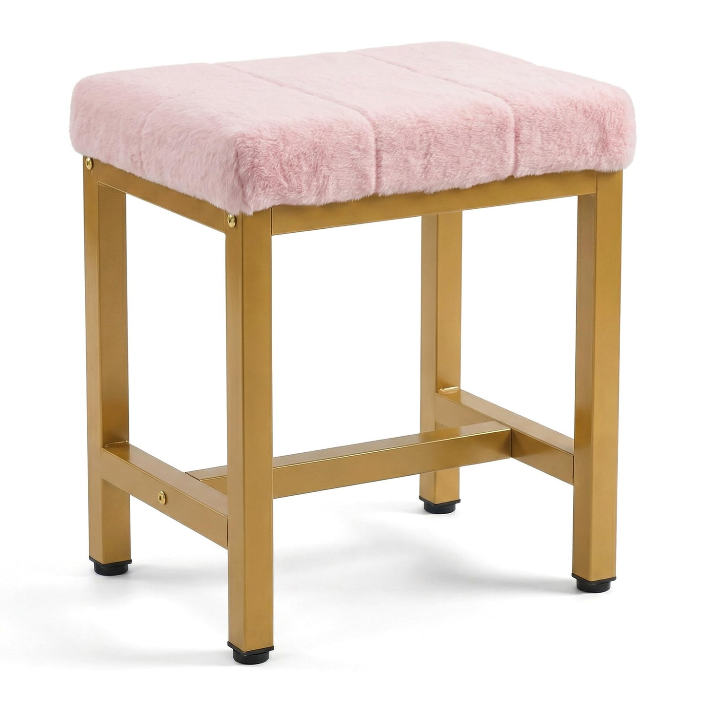 FLYZC Vanity Stool Chair, Square Faux Fur Makeup Chair with Metal Legs, Cute Small Ottoman Vanity Bench, Foot Stool Chair for Vanity for Bedroom, Living Room, Bathroom, Pink & Gold