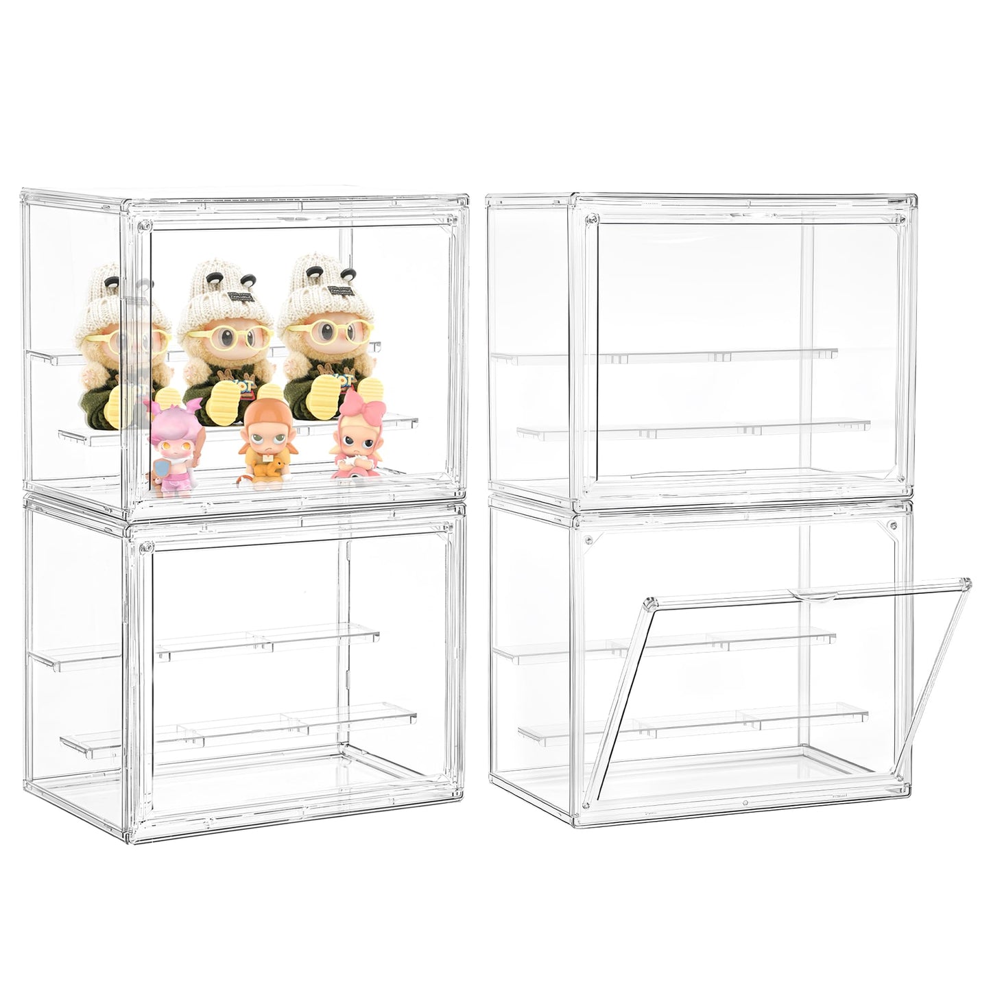 LXLXXL Small Acrylic Display Case for Collectibles 3 Layer Adjustable Display Case with Magnetic Door Clear Stackable Display Box for Mini Figures, 4 Pack