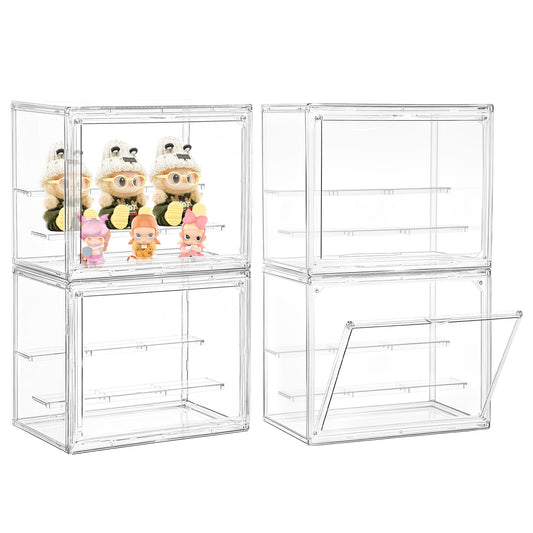 LXLXXL Small Acrylic Display Case for Collectibles 3 Layer Adjustable Display Case with Magnetic Door Clear Stackable Display Box for Mini Figures, 4 Pack