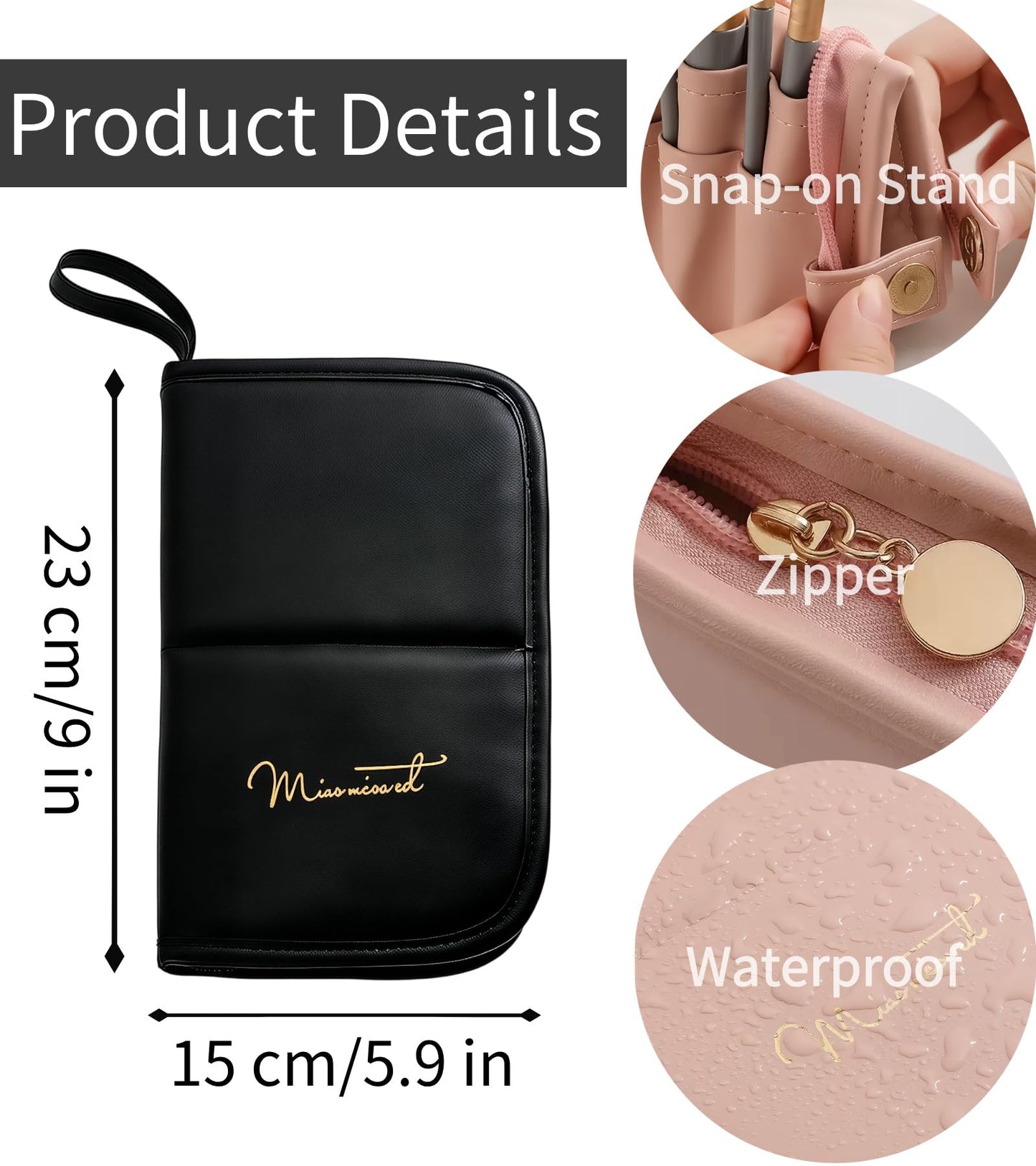YLYZ Makeup Brush Bag, Waterproof Stand-Up Makeup Brush Holder Organizer, Travel Make up Brush Pouch Cosmetic Bags, Black