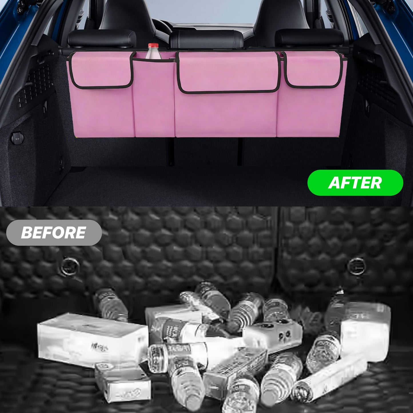 Gilovc Car Trunk Organizer, Waterproof Backseat Hanging Large Storage with Adjustable Straps, Collapsible Cargo Bag with 4 Pockets, Car Interior Accessories for Truck, SUV, MPV (Pink)