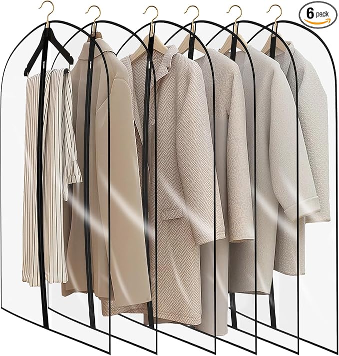 6Pcs Suit Cover Bags Garments Bags Dress Bag Lightweight Firm Plastic Clothes Covers Portable Dust Proof Clothes Protectors Bag All Clear Hanging Clothes Bags for Travels (23.62'' x 47.24'', Black)