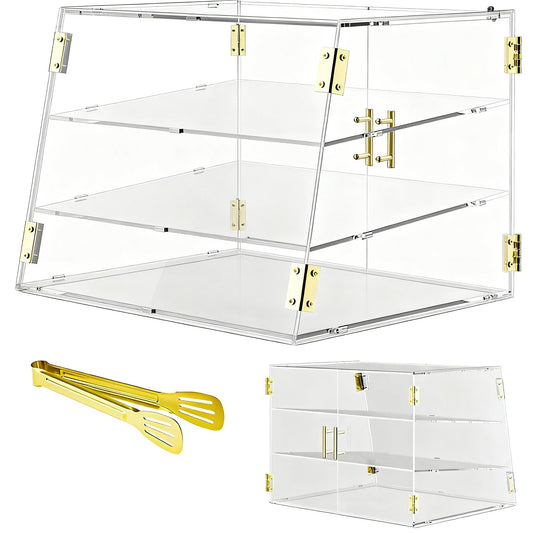 CITYJOY 3-Tier Slanted Acrylic Bakery Display Case, 21"×17"×17" Commercial Countertop Pastry Showcase with Automatic-Closing Rear Doors for Donuts, Bagels, Macarons, Cupcakes