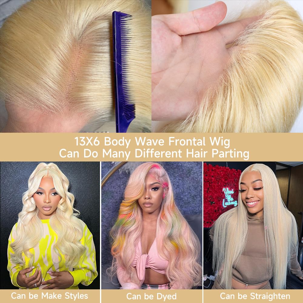 KEGOO 613 13x6 Lace Front Wig Human Hair 28 Inch Blonde Wig Human Hair 200% Density Body Wave HD Blonde Lace Frontal Wig Pre Plucked 613 Lace Front Wig Human Hair