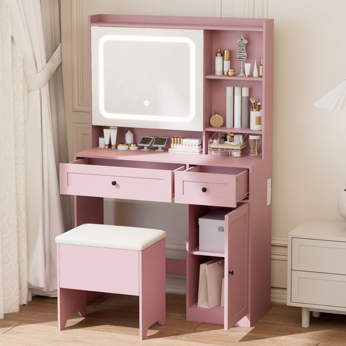 Hogxp Vanity Table with Hidden Storage & LED Mirror - Includes Padded Stool, 5 Compartments, 2 Drawers & 1 Storage Cabinet - Ideal Bedroom Makeup Dressing Table Pink