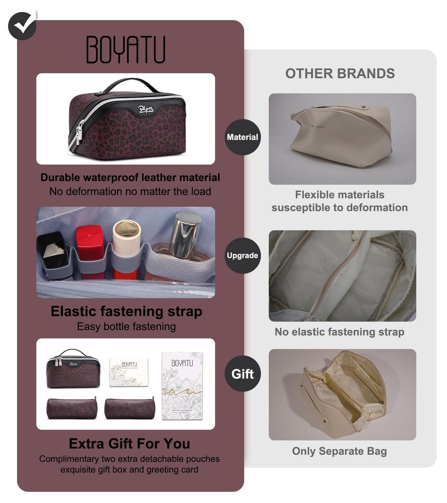 BOYATU Travel Makeup Bag Organizer: 3 Pcs Set Leopard Make up Bag for Women