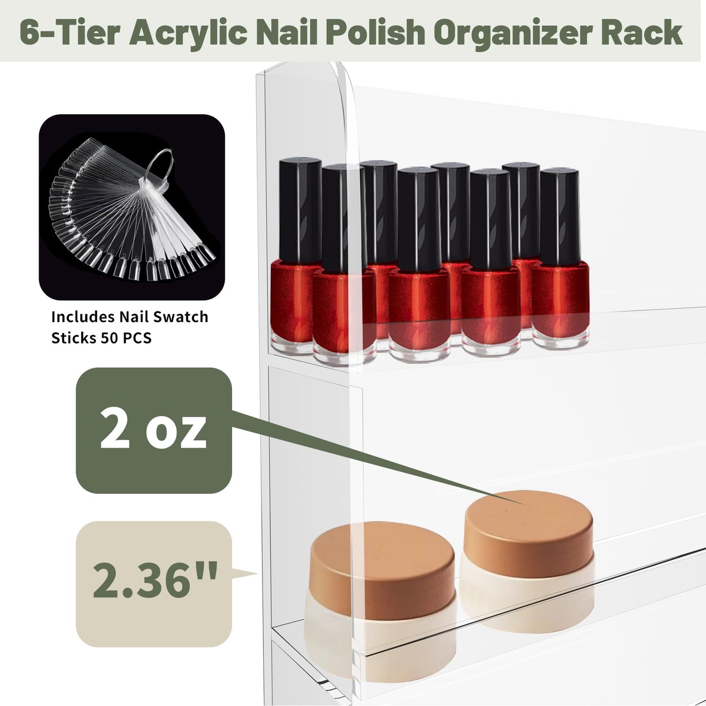 Nalwort Acrylic Nail Polish Rack 6 Tier, Clear Nail Polish Display Racks Wall Mount, Hold Up to 180 Bottles, Nail Polish Storage Organizer with 50PCS Nail Swatch Sticks