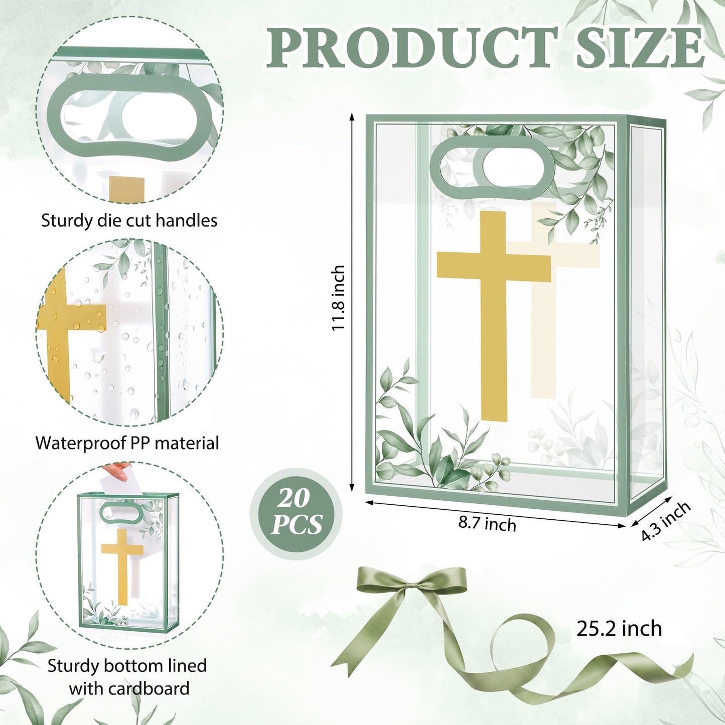 Gilprop 20 Pcs Religious Baptism Party Favor Bags Clear Gift Bags with Handles Ribbon for First Communion, Gold Cross Religious Christening Church Christian Baptism Supplies, 10 x 7 Inch (Green)