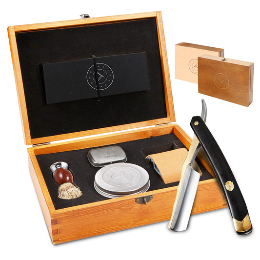 Complete Straight Razor Kit - Straight Razor Shaving Kit for Men with Gold Japanese Stainless Steel Blade, Leather Strop, Shave Soap, Shaving Brush, Strop Paste, Leather Case, Gift Box