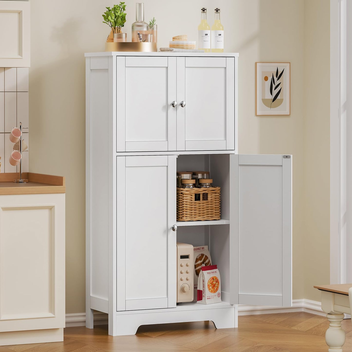 TEENFON Bathroom Floor Storage Cabinet, Freestanding Bathroom Storage Unit with 2 Adjustable Shelves & 4 Doors, White