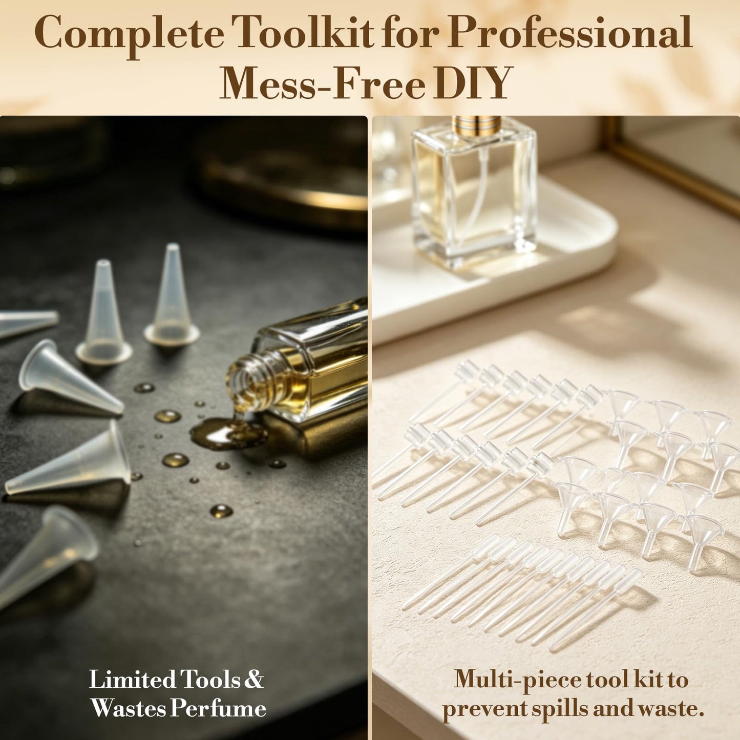 Fanuk 15ml Glass Perfume Bottle Bulk, 50 Pcs Empty Refillable Spray Atomizer with Funnels & Droppers, Gold Mini Travel Dispenser for DIY Gifts
