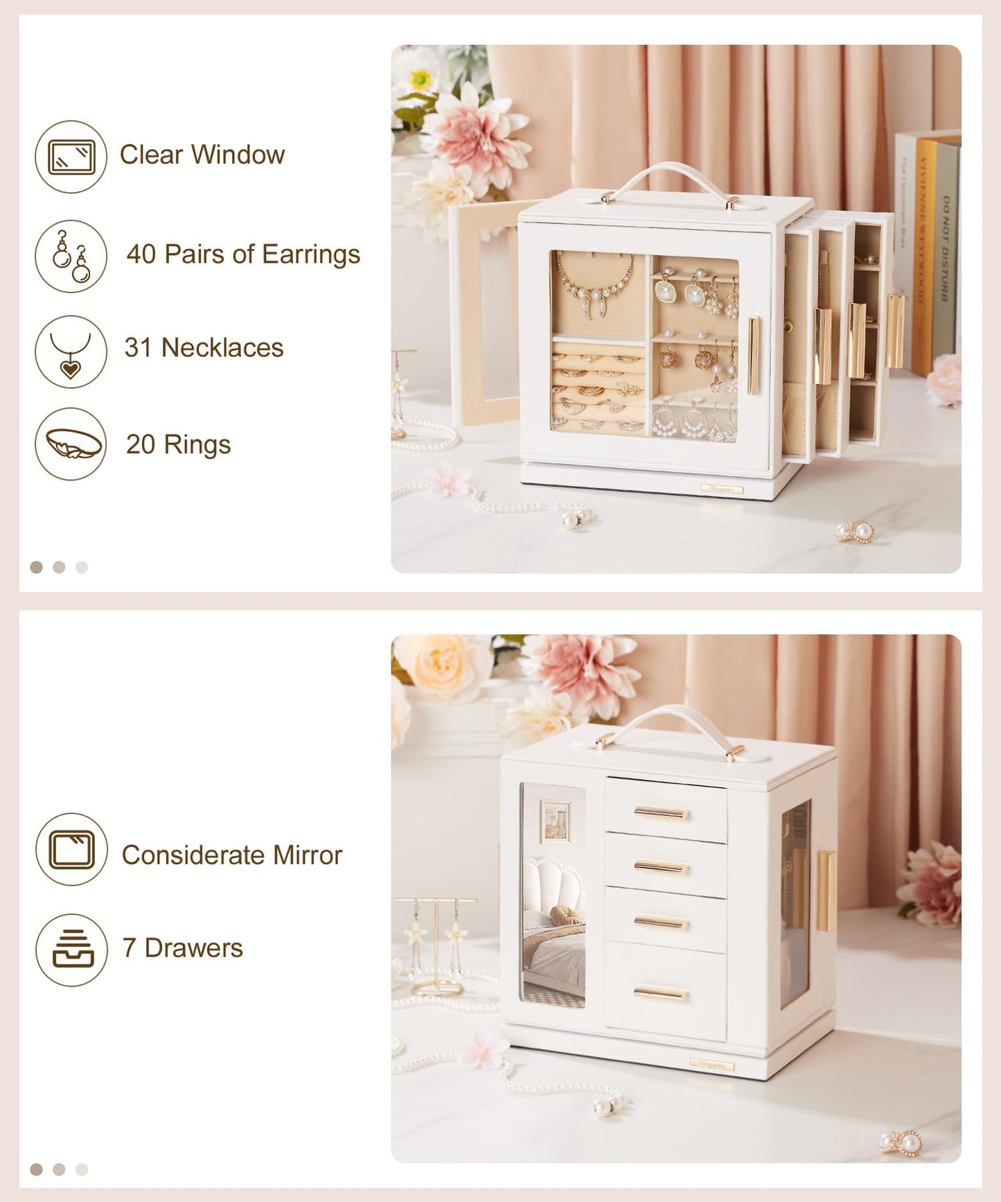 Homde Jewelry Box for Women Large: Rotating Organizer for Ring Earring Necklace Bracelet - 7 Drawers Storage for Dresser (White)