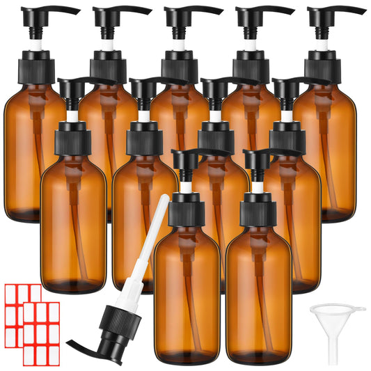 Tanlade 12 Pcs Glass Pump Bottle Dispenser 4 oz Travel Bottles with Pump Refillable Glass Containers for Toiletries Lotion Liquid Soap Shampoo Essential Oils Cosmetic Travel Accessories(Amber)