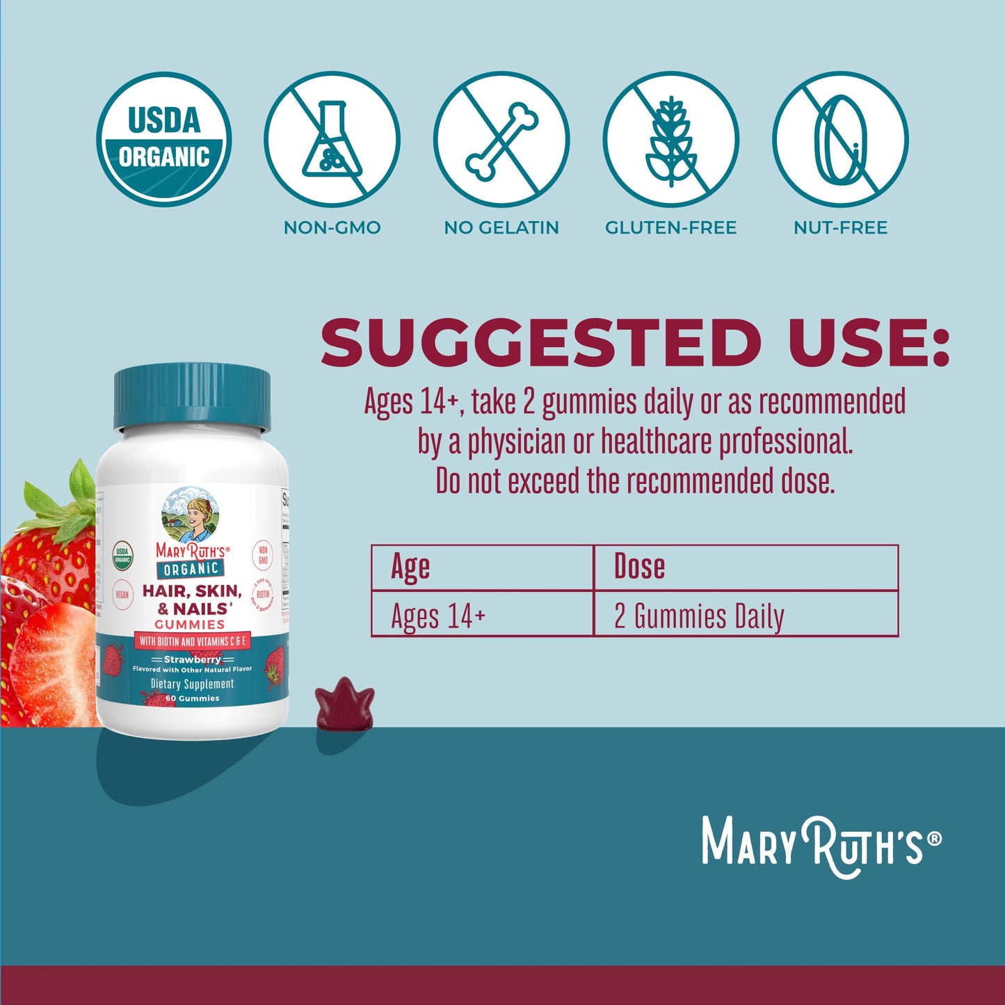 MARYRUTH'S Hair Skin and Nail Vitamins | USDA Organic | 2500 mcg Biotin Gummies with Vitamin C & Vitamin E | Hair Growth Vitamins | Skin Care | Nail Growth | Ages 14+ | 60 Count