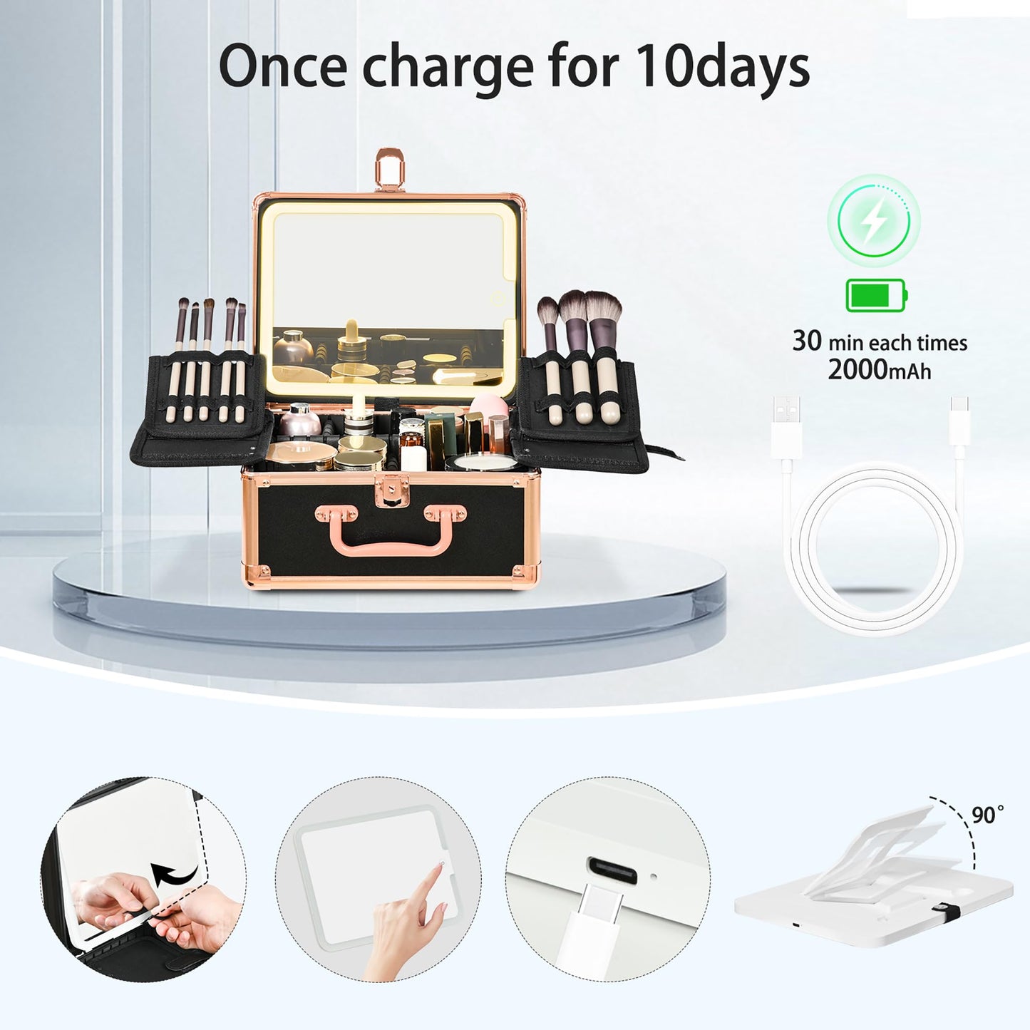 GALHUBIS Makeup Case with Lighted Mirror, Makeup Box Organizer with Detachable LED Mirror, Travel Makeup Train Case, Waterproof Cosmetic Organizer, Standing Makeup Brush Holder, Gift, Black Gold