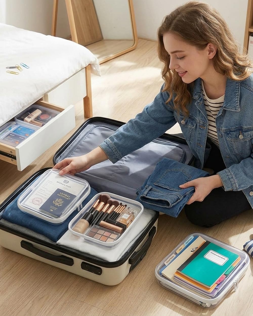 WARM EF 5 Pack Clear Zipper Pouches Set, Hard Shell Zipper Case for Travel, Transparent Toiletry Bag Organizer, Cosmetic Makeup Bag, Portable Travel Organizer for Toiletries, Cables, Accessories