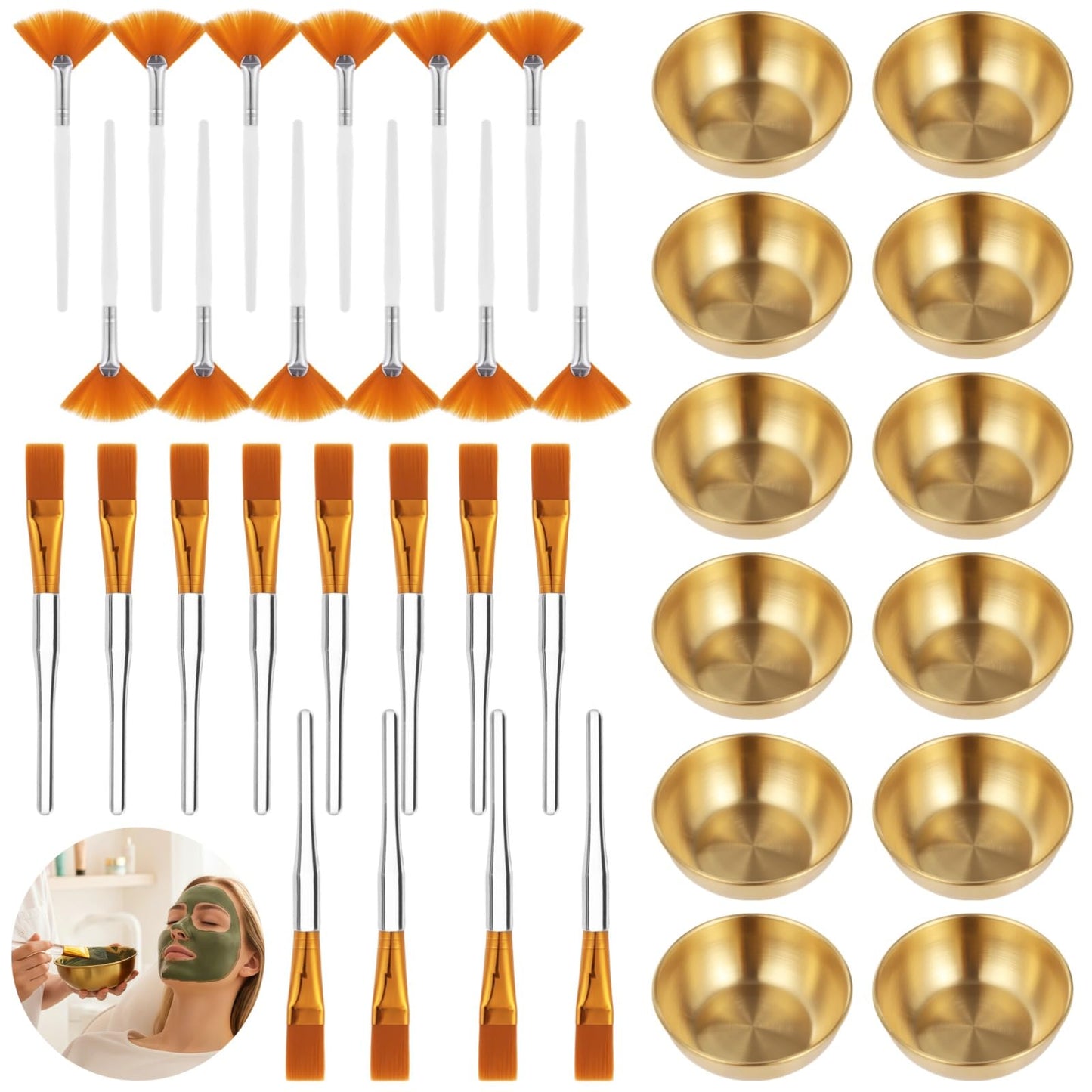 36 Pcs Esthetician Supplies for Facials Set, 12 Golden Stainless Steel Mixing Bowls, 12 Fan & 12 Detail Brushes, Facial Masks Brushes for Even Masks Application, Women Clay Masks Mixing Tools Kit