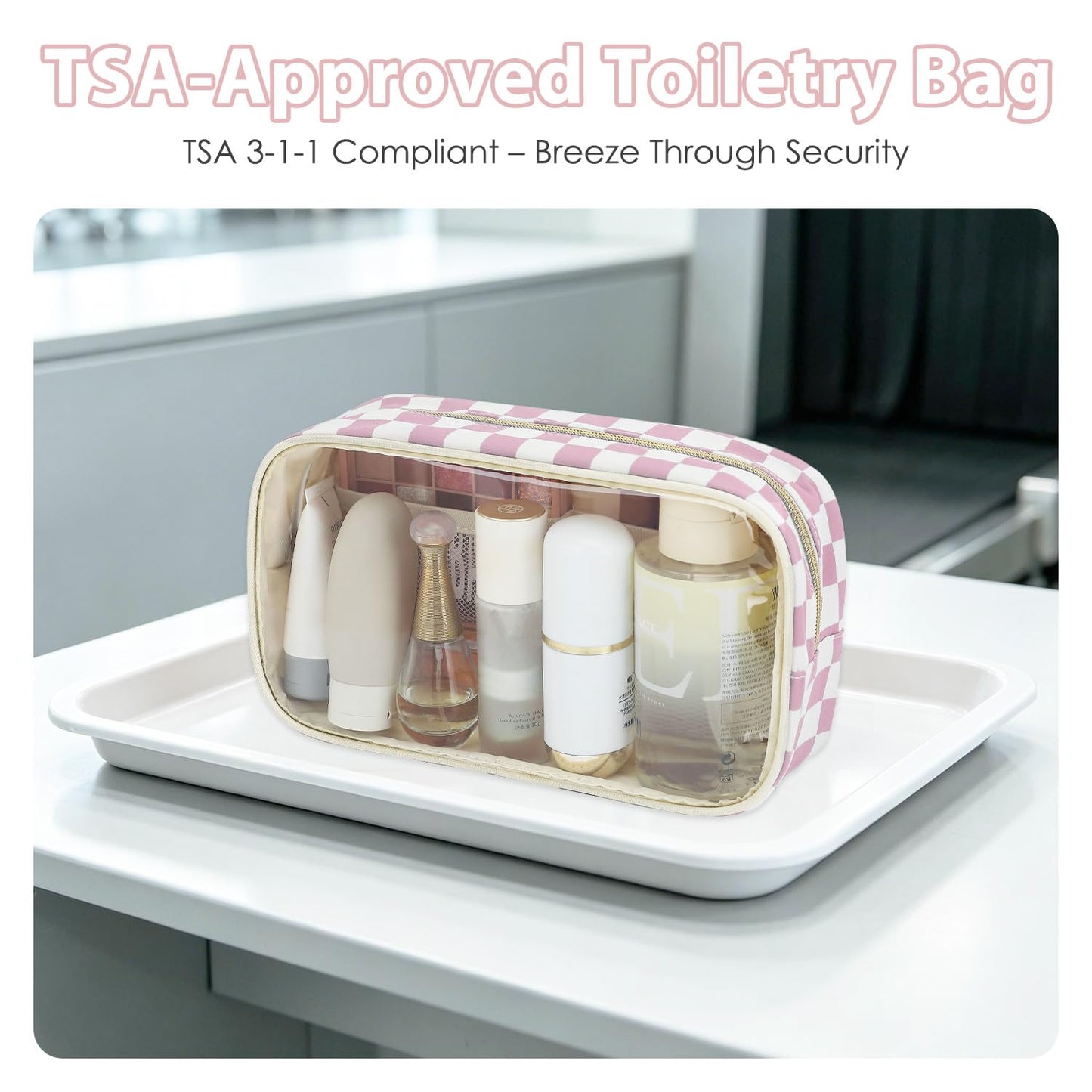 Fammart Clear Travel Makeup Bag for Women, TSA Approved Checkered Cosmetic Bag Make Up Car Organizer Case with Zipper, Large Waterproof Pouch Purse Toiletry Bag for Skincare, Brushes Travel Essentials