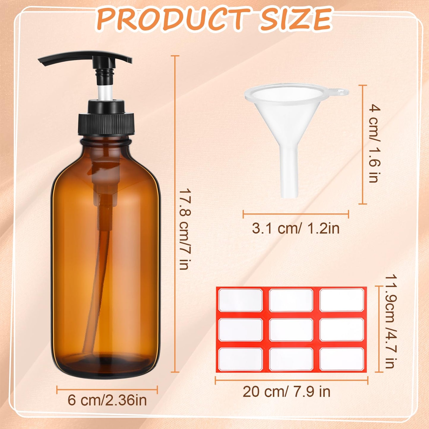 Tanlade 24 Pcs 8 oz Glass Pump Bottle Empty Bottle Glass Soap Dispenser with Pump Refillable Containers and Labels Funnels for Essential Oils Cleaning Products Lotions Conditioner(Amber)
