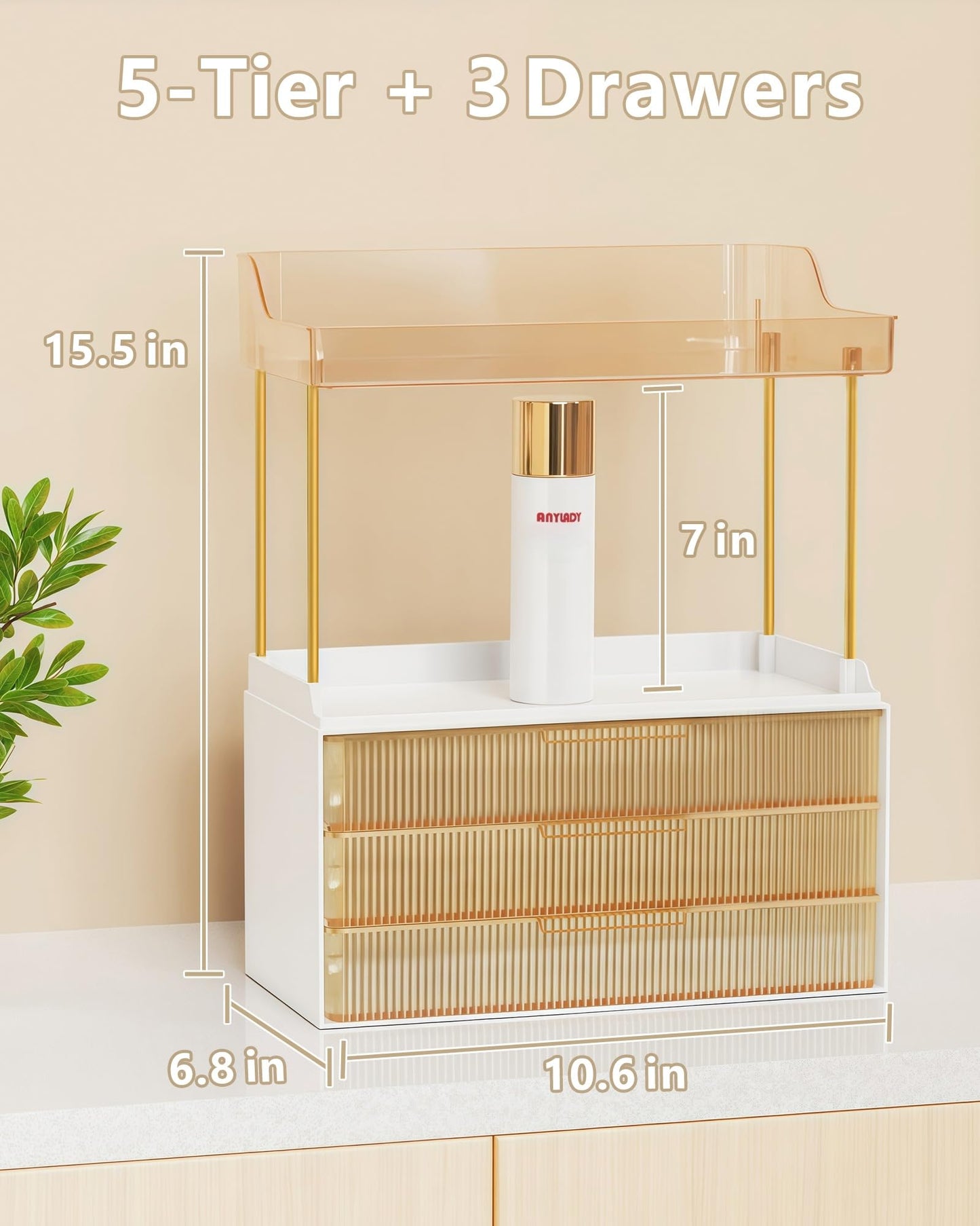 Anylady Bathroom Organizers and Storage, Makeup Organizer (Sturdy Durable Attractive), Ideal for Vanity, Countertop, Counter, Perfume, Skincare, Cabinet, Cosmetic, Dresser Organizer (Gold)