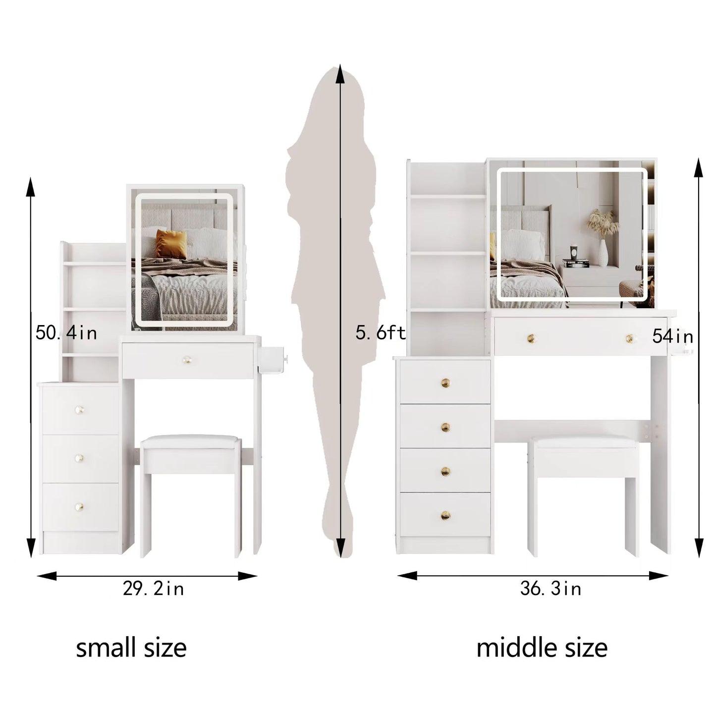 Ball & Cast 29.2" Small Size Vanity Mirror Desk with Lights and Cushioned Stool,Vanity Desk w/ 2 AC+2 USB Power Station,Hair Dryer Bracket,Large Touch Control Sliding LED Mirror,for Bedrooms,White