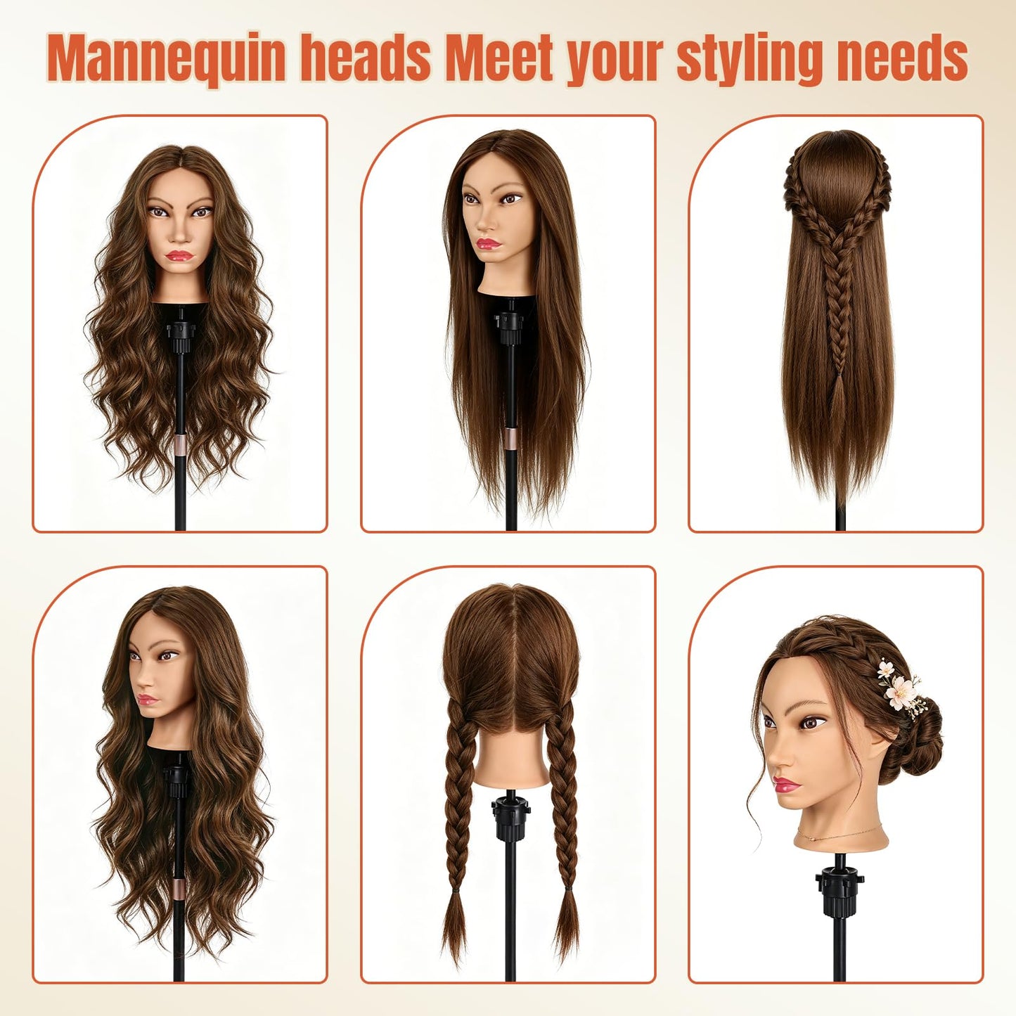26''Real Hair Mannequin Head,TopDirect 100% Amber Brown Hairdresser Cosmetology Mannequin Doll Head Styling,Manikin Heads Hairs Braiding DIY Styling with Clamp Holder and Tools Set