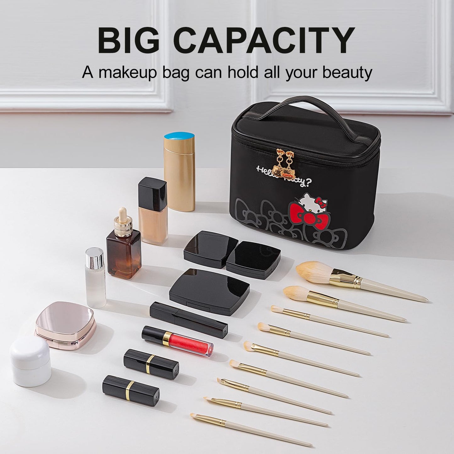 Vimanllie Travel Makeup Bag Large Cosmetic Bags with Brush Holder,Black Waterproof 3PCS Portable Cosmetic Case for Women,Toiletry Bag for Skincare&Beauty Tools for Her