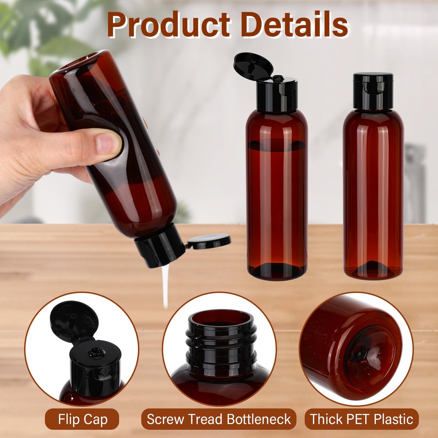 Mimorou 50 Pcs Plastic Squeeze Bottle with Cap Empty Amber Refillable Container Small Travel Toiletry Bottle for Lotion Shampoo Oil Body Soap Creams(Flip-top Lid,4oz,Brown/black)