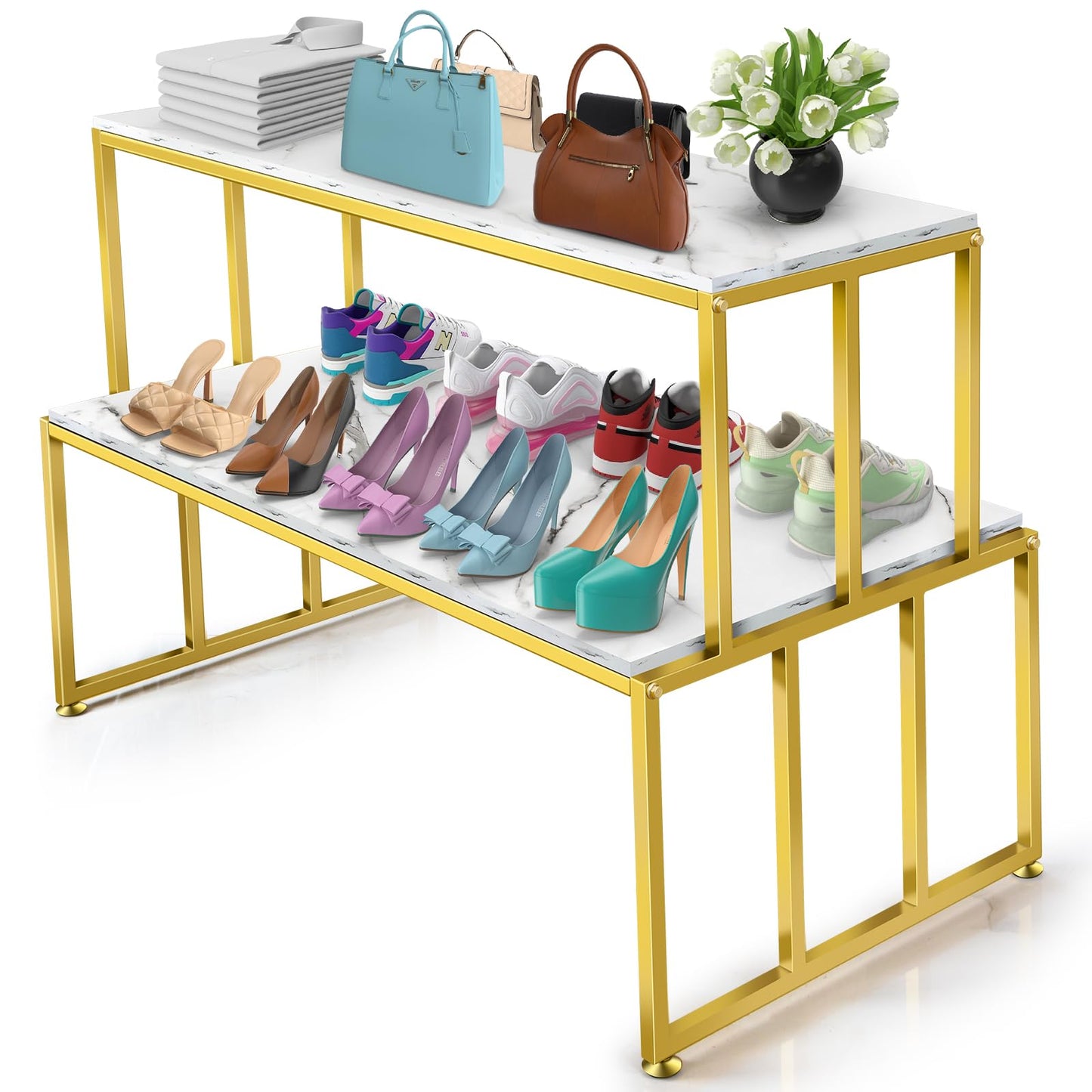 CIVANA 2 Tier Retail Display Table for Shoes & Handbags, Gold Metal and Wood Boutique Display Stand, Heavy Duty Display Riser Shelf for Clothing Stores, Vendor Events, Showroom & Home, 45.2"