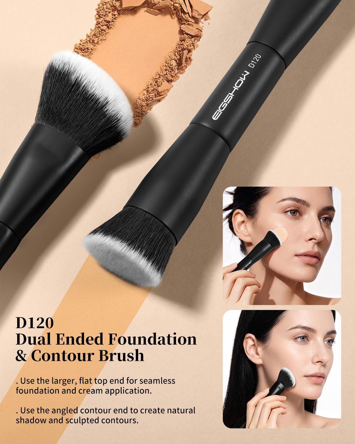 EIGSHOW Makeup Brush Set 3Pcs, Double Sided Foundation Contour Powder Highlight Concealer Brush for Liquid, Cream & Powder, Fit for Home, Travel & Gifting (Black)