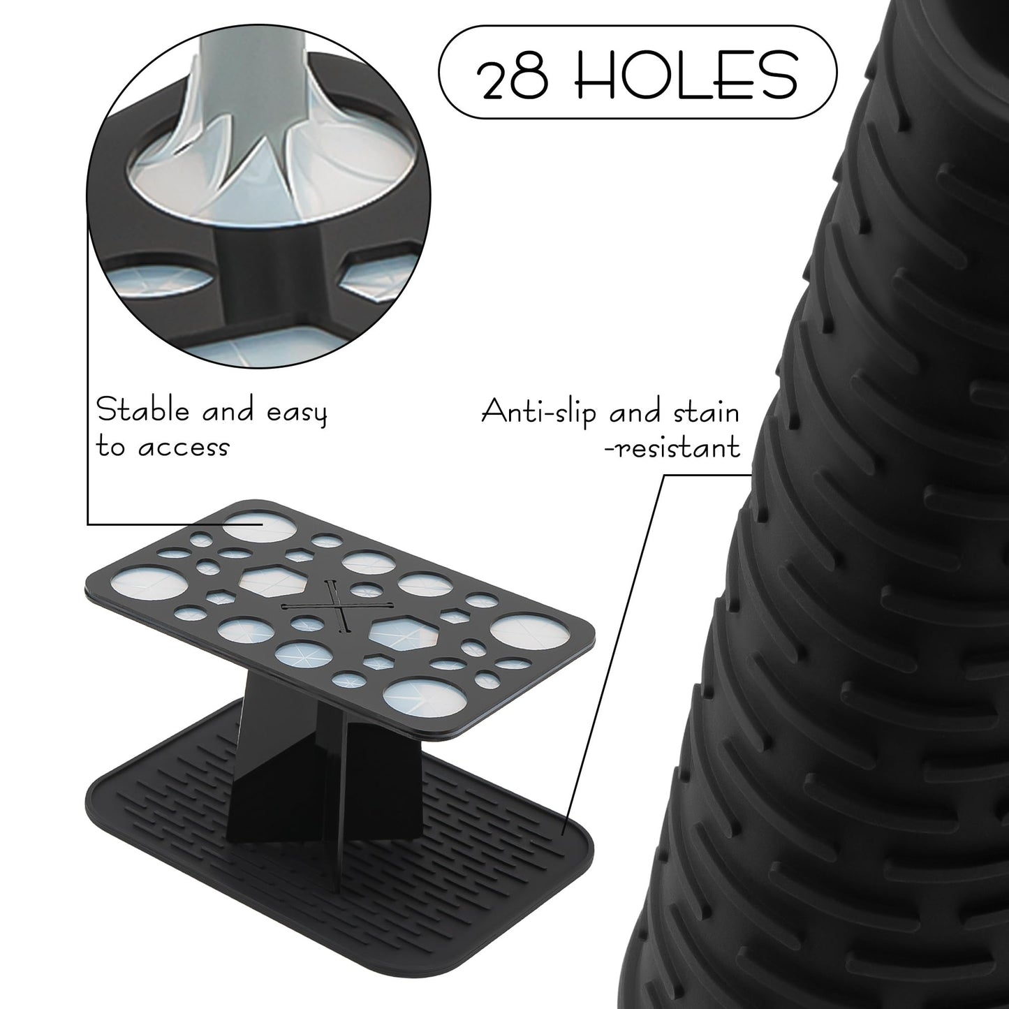 SHIDOW 28-Hole Makeup Brush Drying Rack with Silicone Drip Mat, Acrylic Upside-Down Brush Holder Organizer Stand, 1-Pack, Black